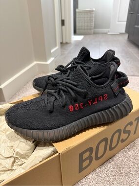 Yeezy Boost 350 V2 Black with Red Script women’s 7/7.5